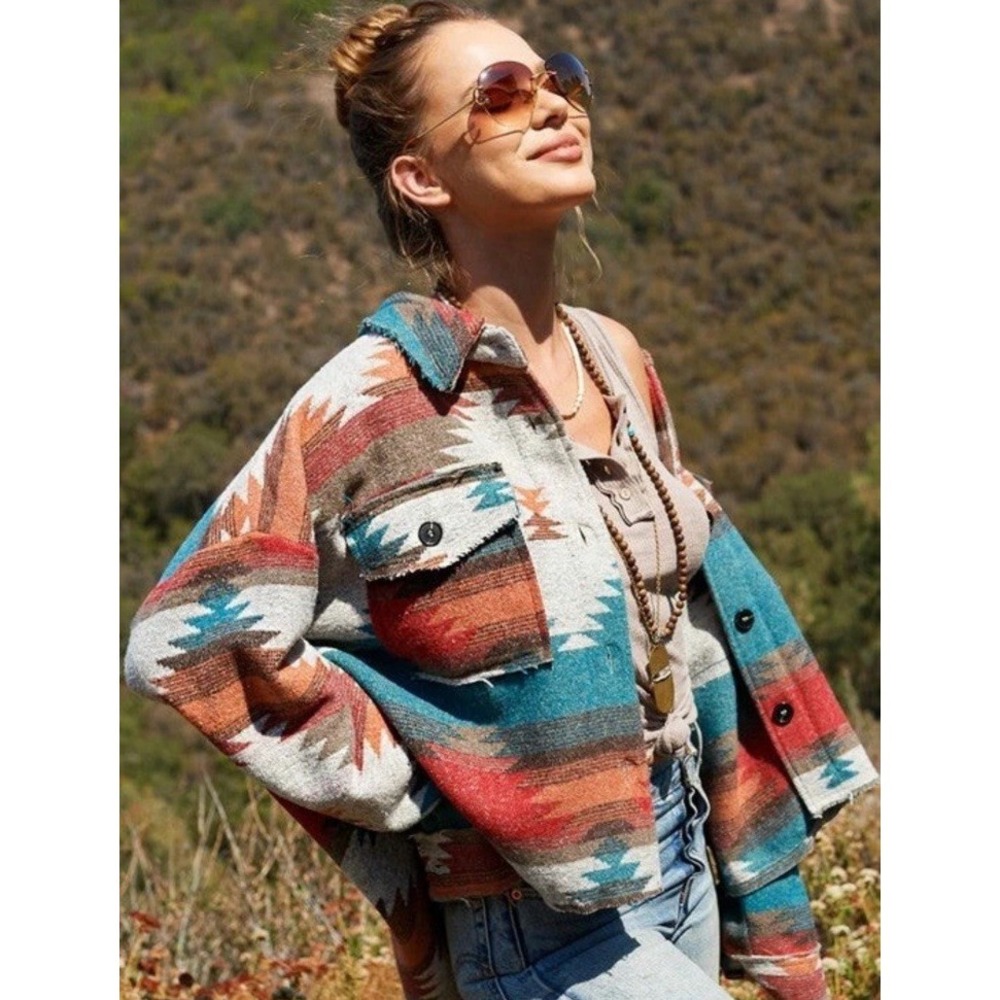 La Miel Eldora Aztec Southwestern‎ Raw Edge  Shirt Jacket Shacket Women's Size S